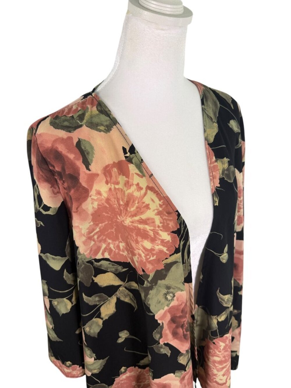 Honeyme Floral Open Front Kimono Cardigan Blush Black Boho Duster Small - Picture 4 of 9
